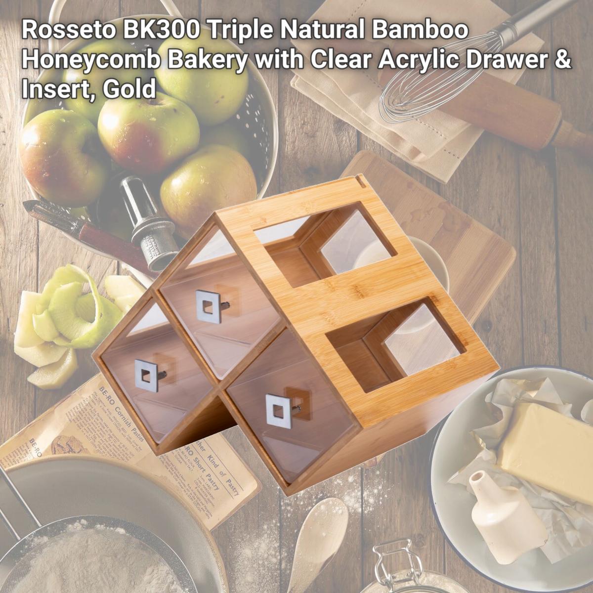 Picture of Rosseto BK300 Triple Natural Bamboo Honeycomb Bakery with Clear Acrylic Drawer & Insert, Gold