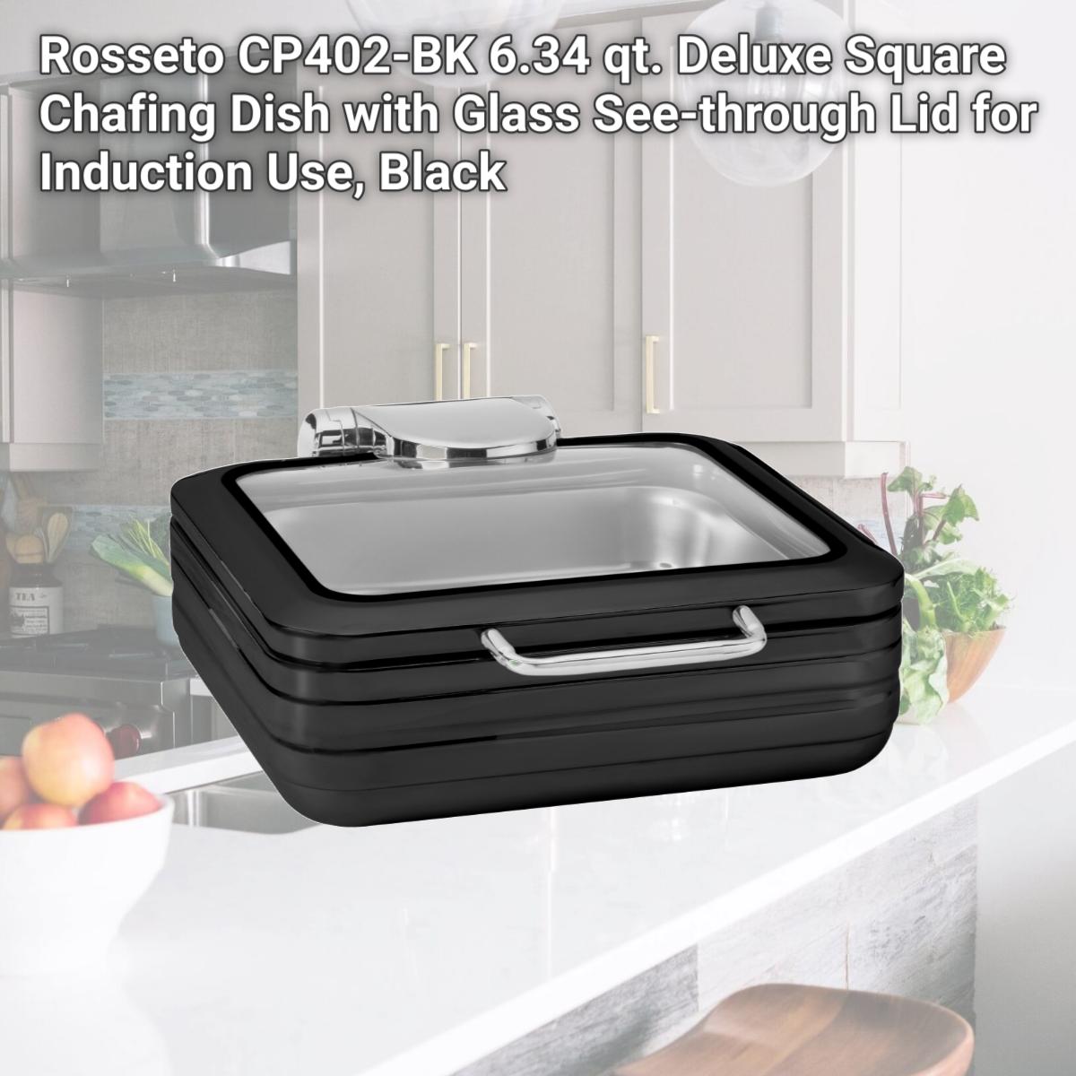 Picture of Rosseto CP402-BK 6.34 qt. Deluxe Square Chafing Dish with Glass See-through Lid for Induction Use, Black