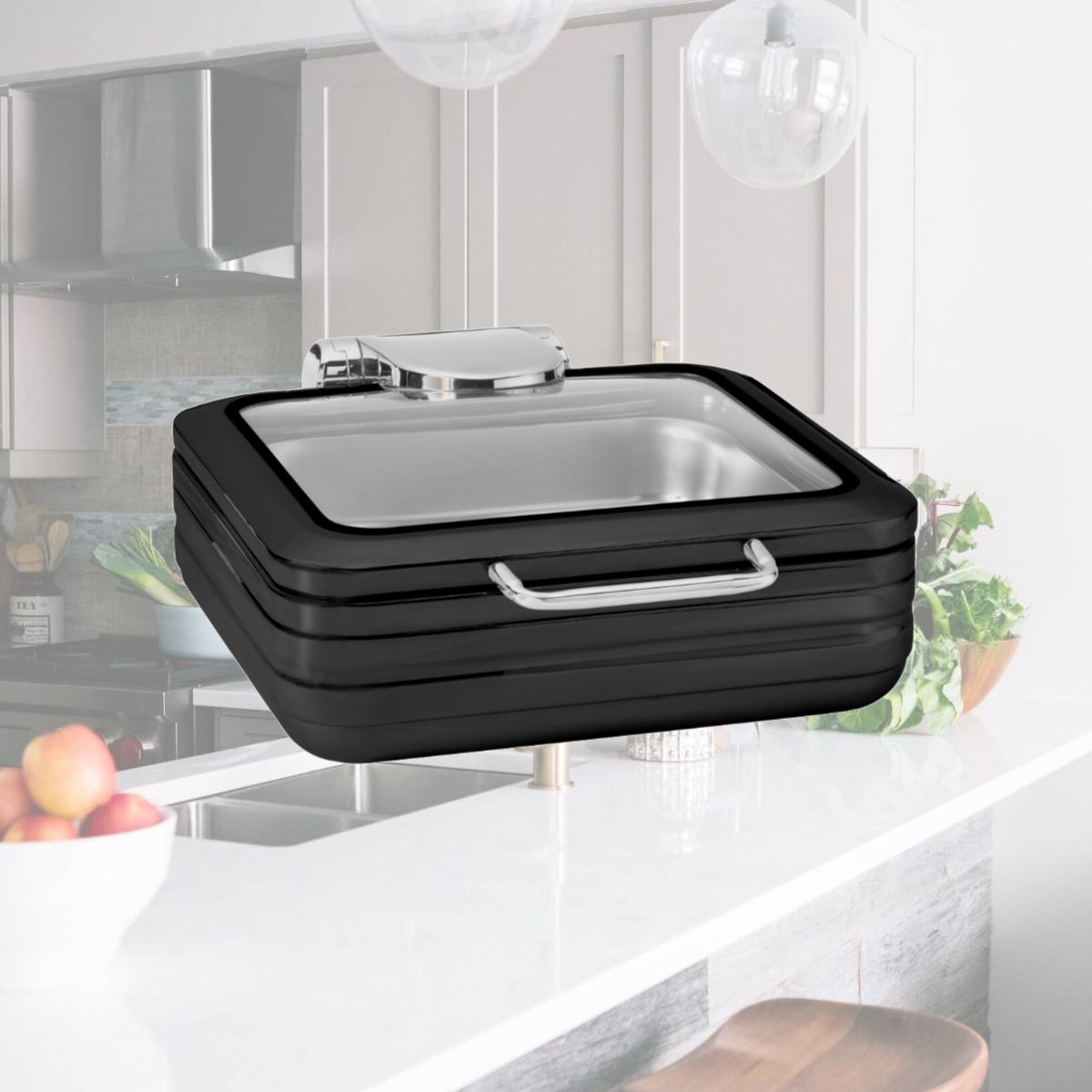 Picture of Rosseto CP402-BK 6.34 qt. Deluxe Square Chafing Dish with Glass See-through Lid for Induction Use, Black