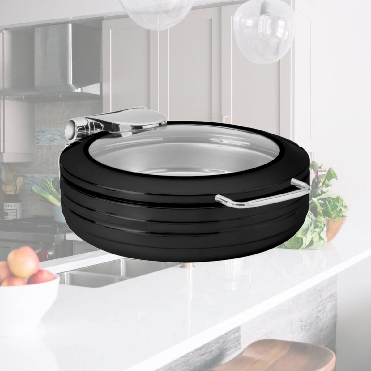 Picture of Rosseto CP403-BK 6.34 qt. Deluxe Round Chafing Dish with See-Through Lid for Induction Use, Black