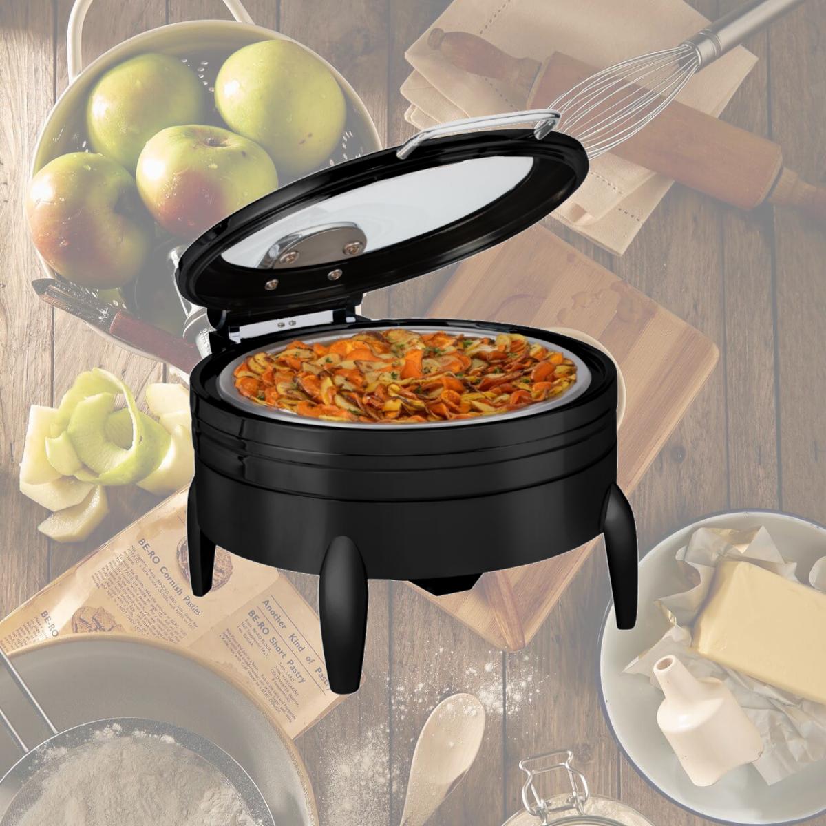 Picture of Rosseto CP403F-BK 6.34 qt. Deluxe Round Chafing Dish with Glass Lid, Frame Stand & Burner Holder - Black