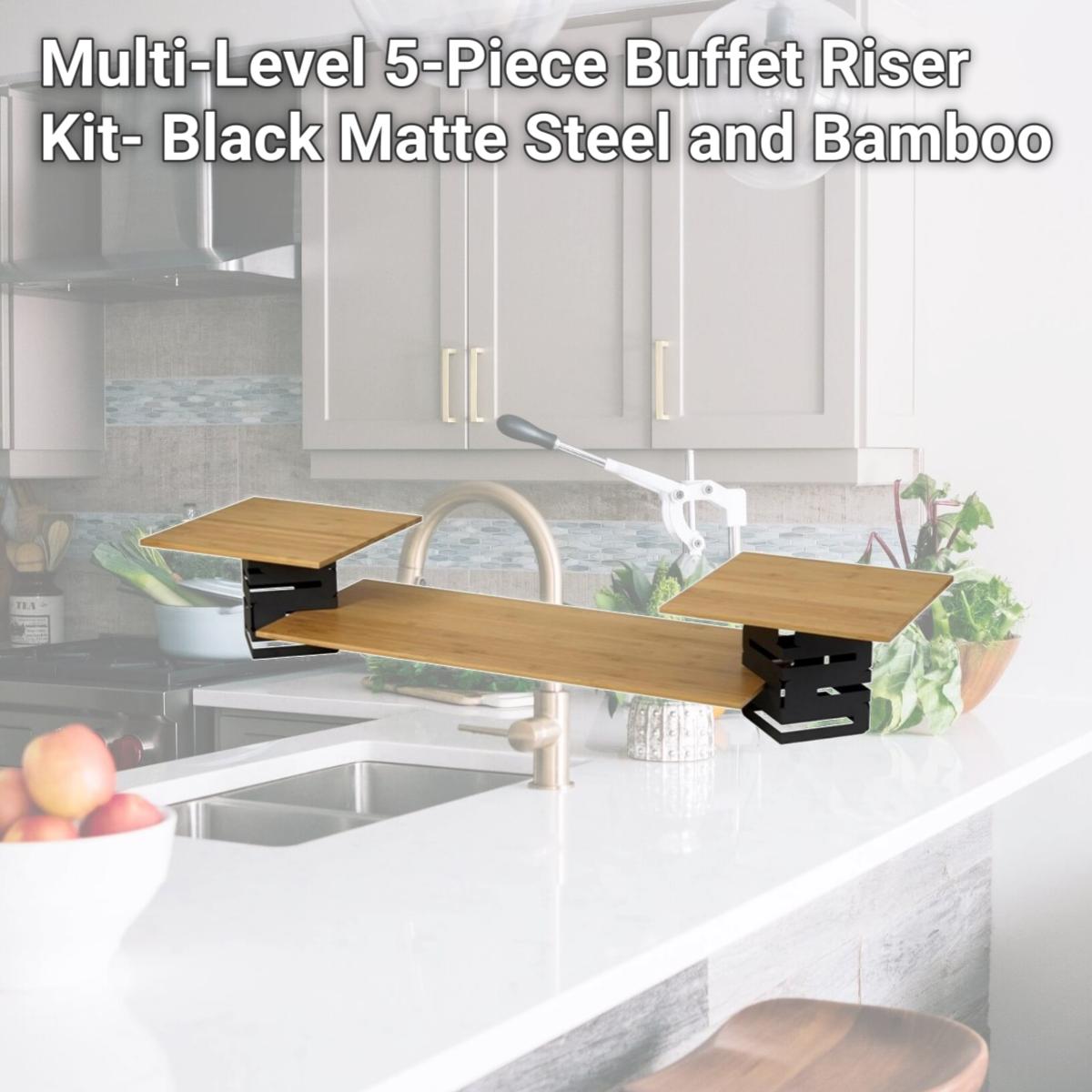 Picture of Rosseto Serving Solutions SK003 Multi-Level 5-Piece Buffet Riser Kit- Black Matte Steel and Bamboo