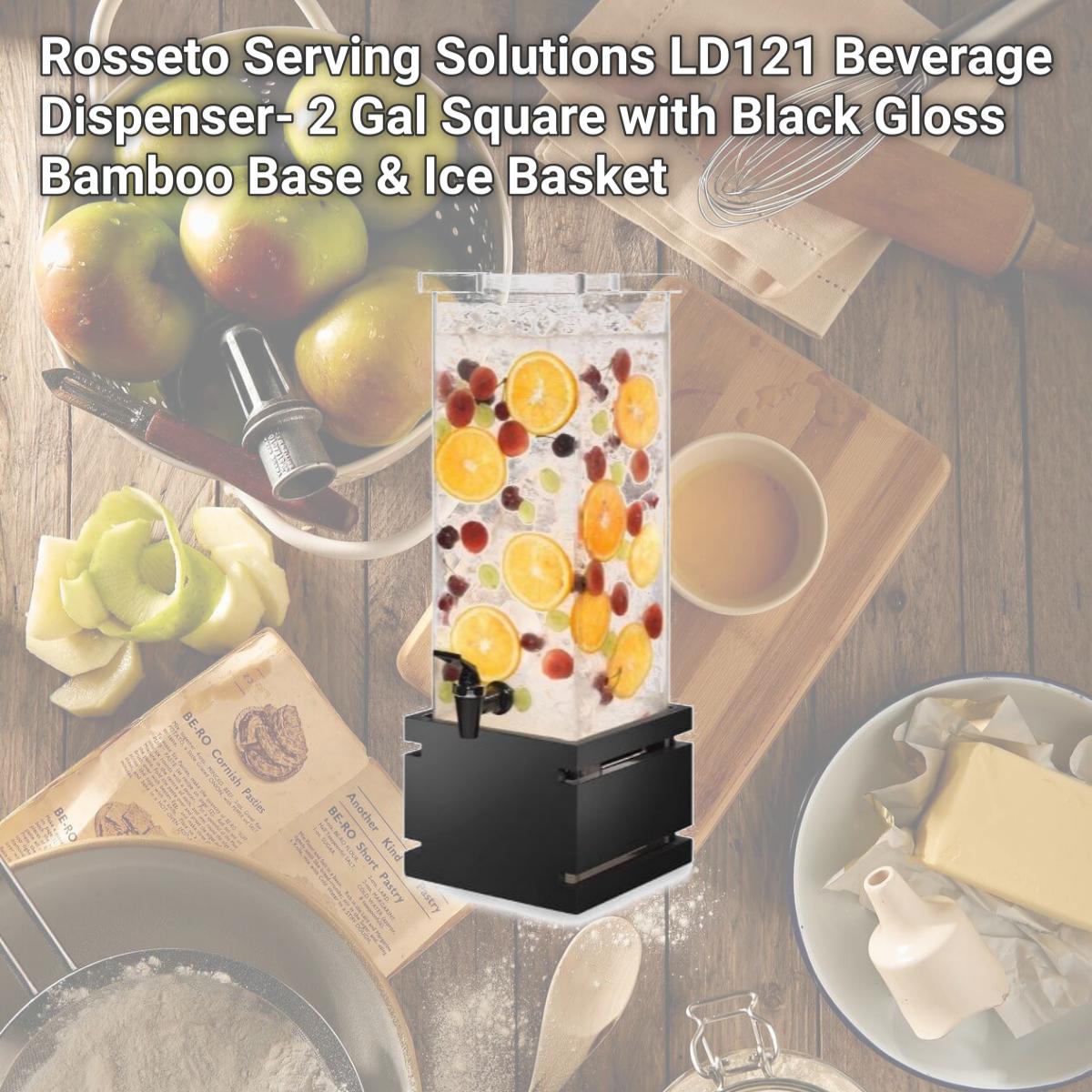 Picture of Rosseto Serving Solutions LD121 Beverage Dispenser- 2 Gal Square with Black Gloss Bamboo Base & Ice Basket