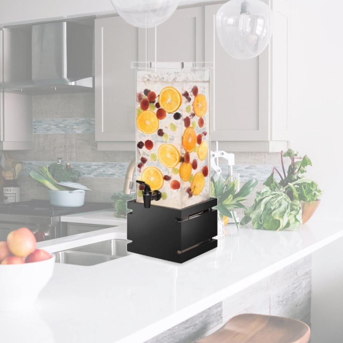 Picture of Rosseto Serving Solutions LD121 Beverage Dispenser- 2 Gal Square with Black Gloss Bamboo Base & Ice Basket