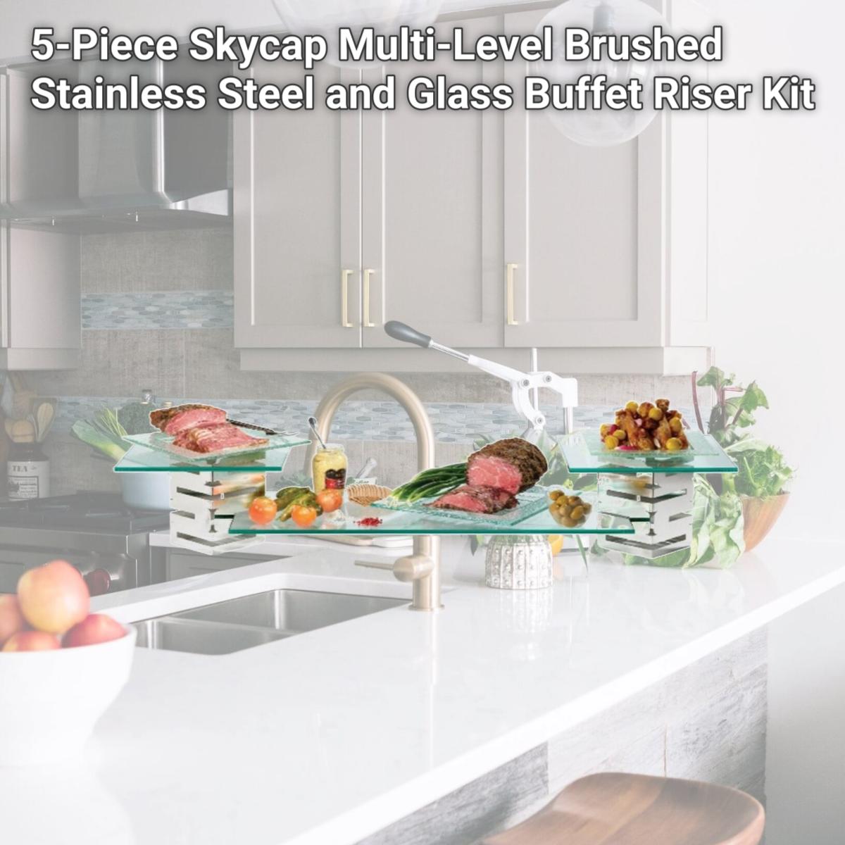 Picture of Rosseto Serving Solutions SK001 5-Piece Skycap Multi-Level Brushed Stainless Steel and Glass Buffet Riser Kit