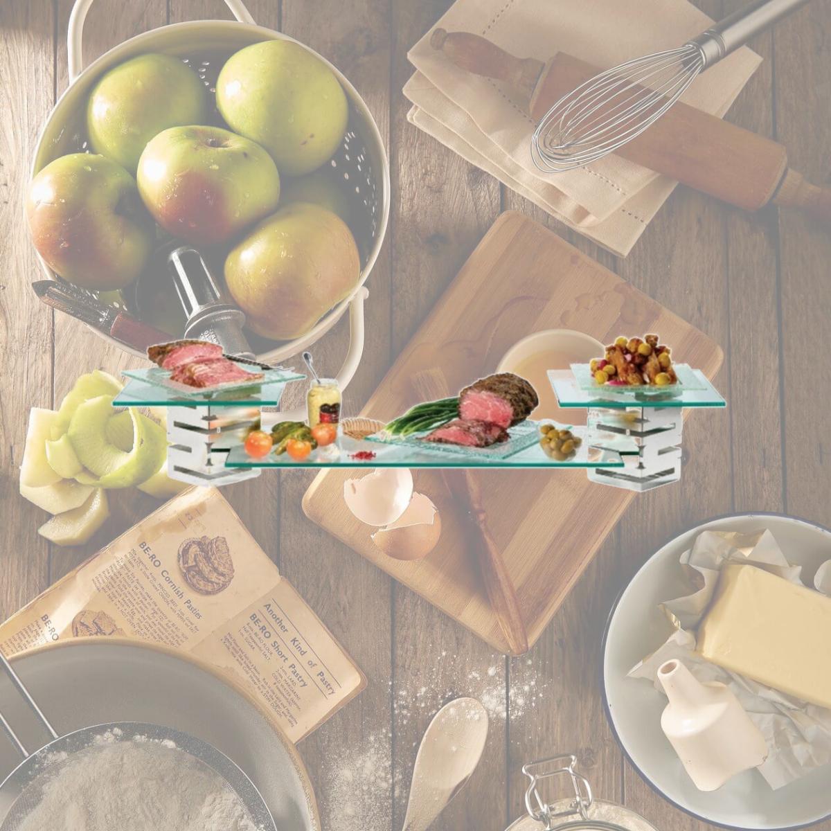 Picture of Rosseto Serving Solutions SK001 5-Piece Skycap Multi-Level Brushed Stainless Steel and Glass Buffet Riser Kit