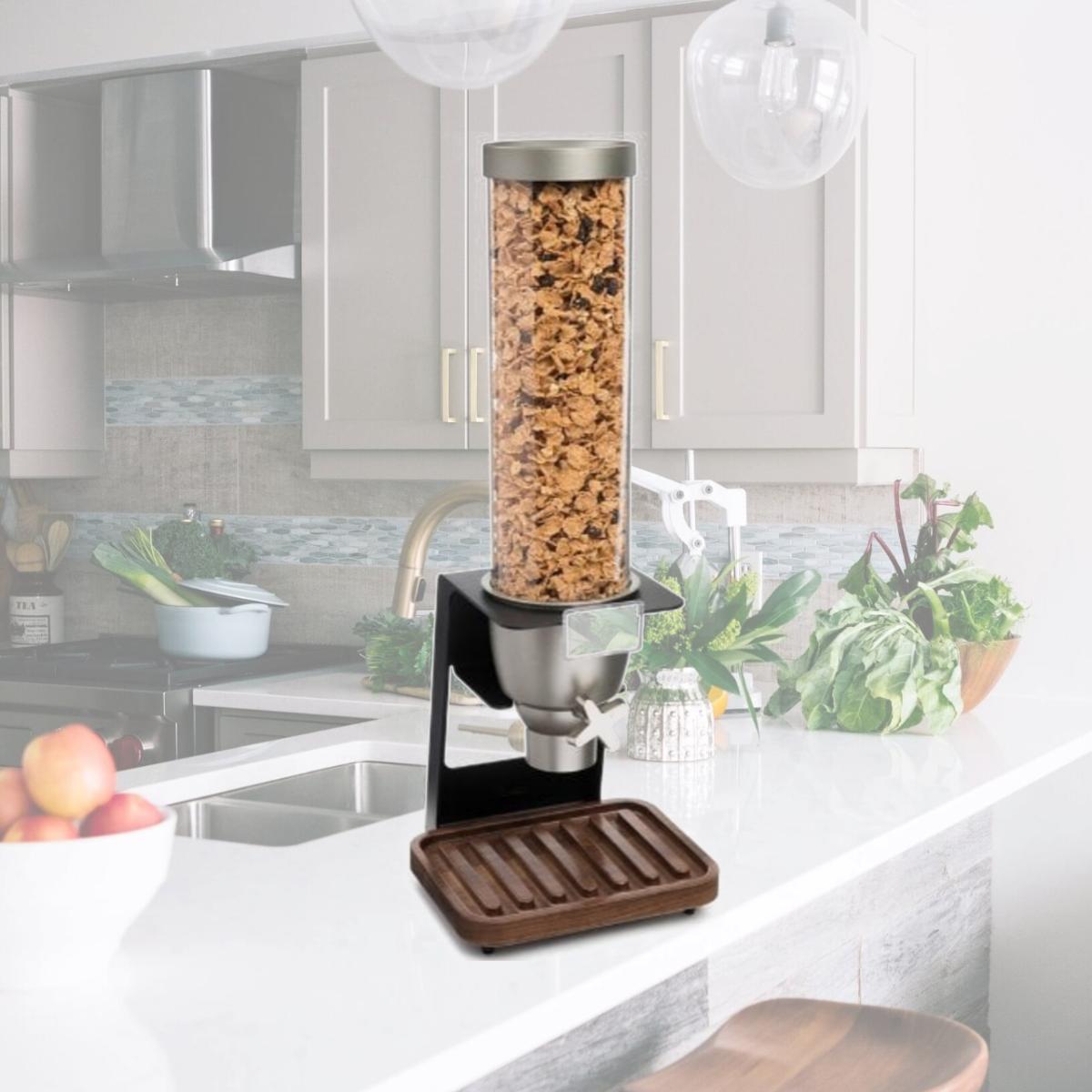Picture of Rosseto Serving Solutions EZ518 Single Container Table-Top Cereal Dispenser with Walnut Tray, 1.3 Gallon