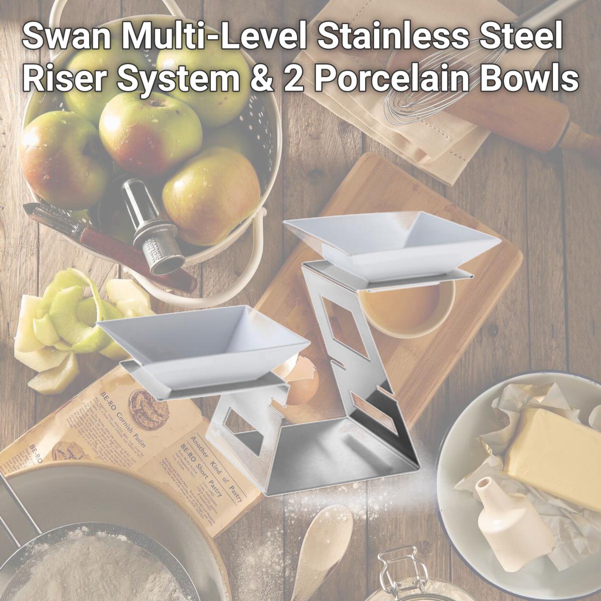 Picture of Rosseto Serving Solutions SM221 Swan Multi-Level Stainless Steel Riser System & 2 Porcelain Bowls