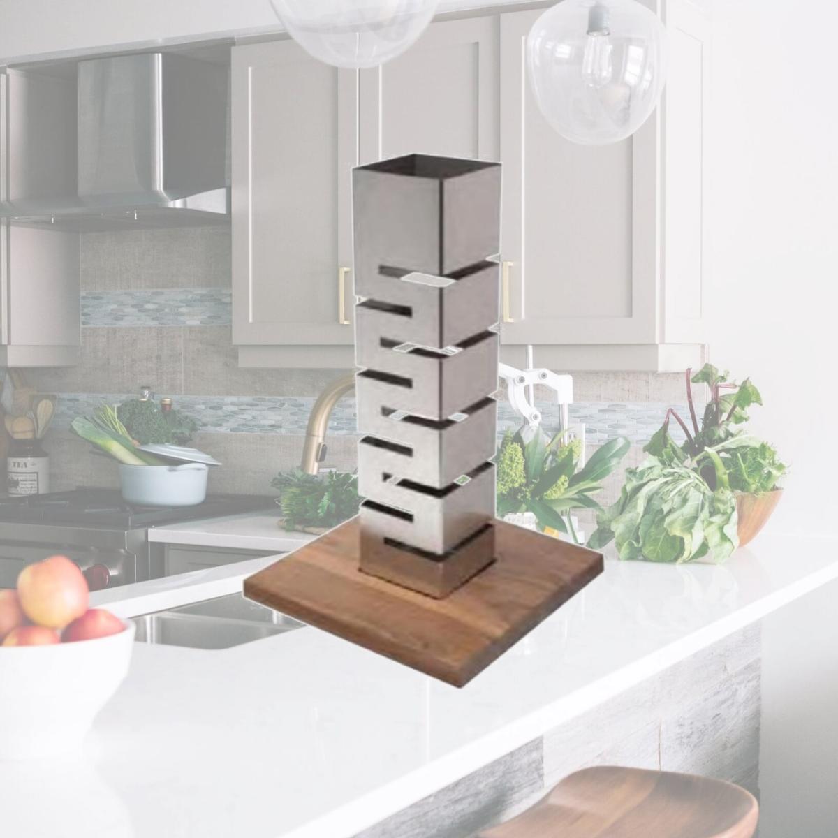 Picture of Rosseto Serving Solutions SM159 Stainless Steel with Walnut Base Tall Column Multi-Level Riser