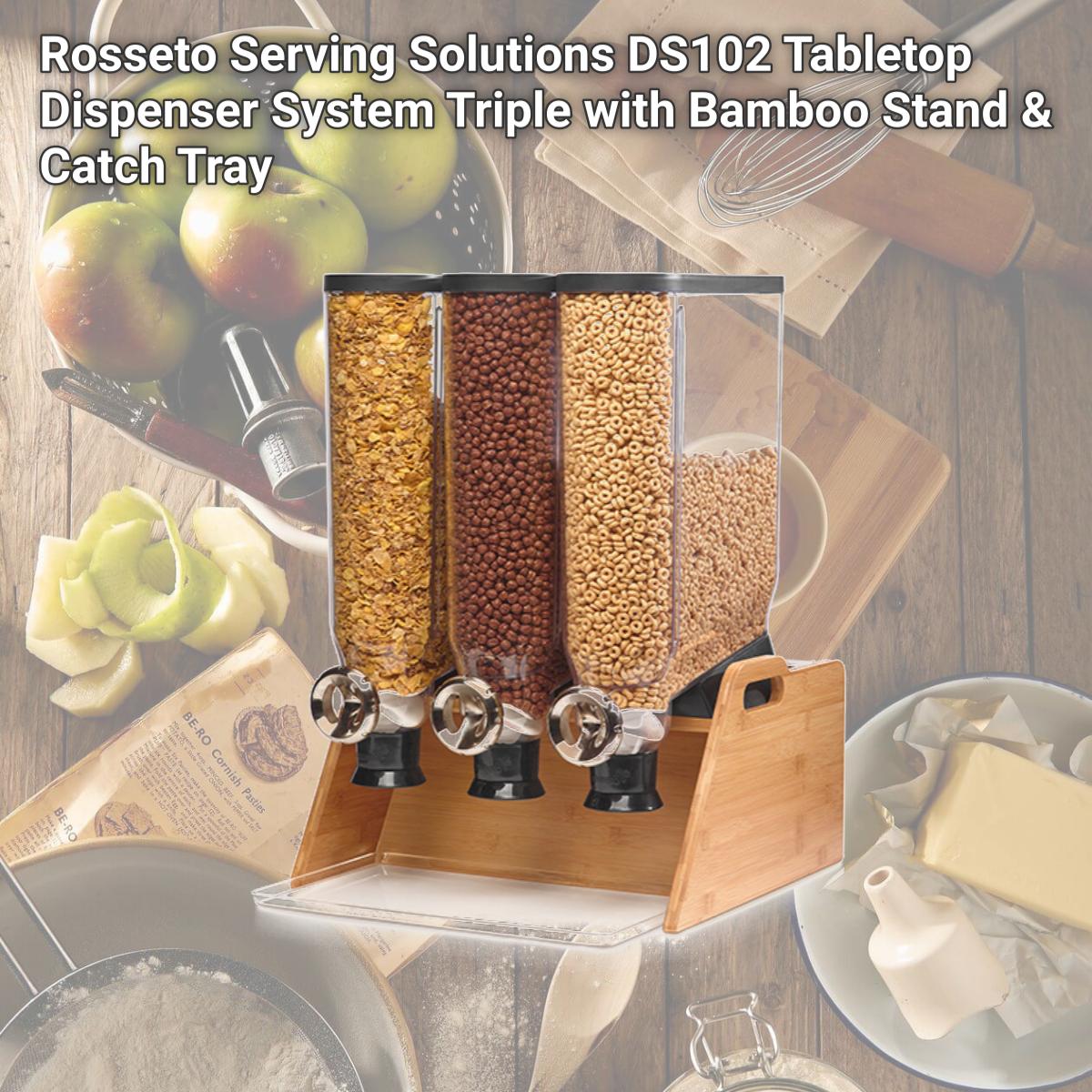 Picture of Rosseto Serving Solutions DS102 Tabletop Dispenser System Triple with Bamboo Stand & Catch Tray