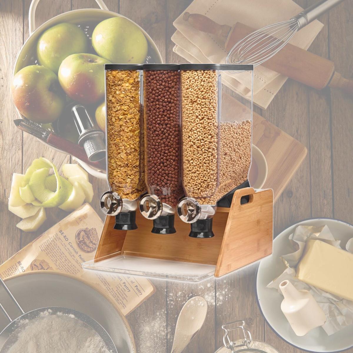 Picture of Rosseto Serving Solutions DS102 Tabletop Dispenser System Triple with Bamboo Stand & Catch Tray