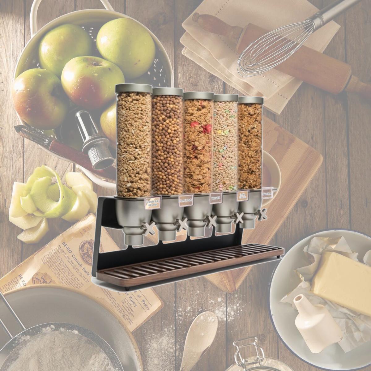 Picture of Rosseto Serving Solutions EZ522 Container Table-Top Cereal Dispenser with Walnut Tray- 6.5-Gallon