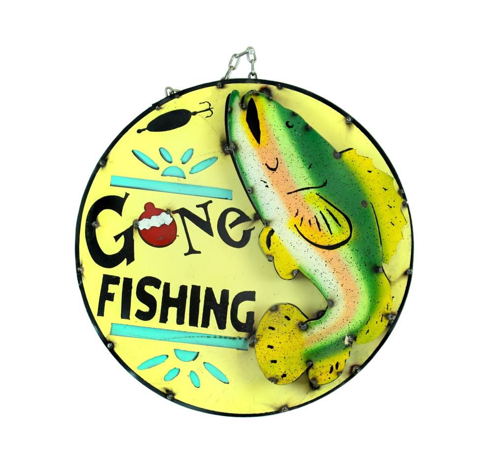 100534 Gone Fishing Round Sign, Multi Color