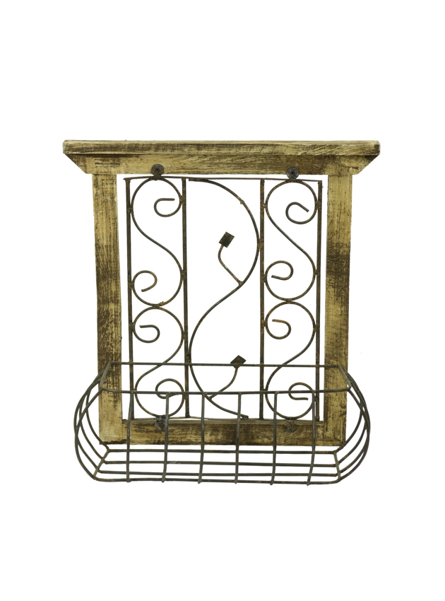 12020 Wood Window With Basket Metal Wall Accent