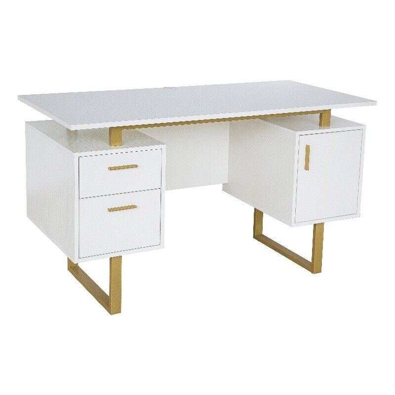 Desk for Office with Drawers & Storage, White & Gold - 51.25 in.