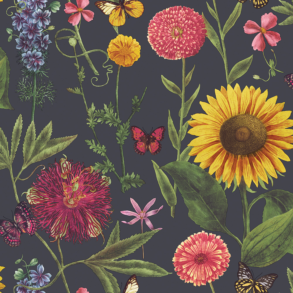 676203 Summer Garden Multi Wallpaper, Charcoal