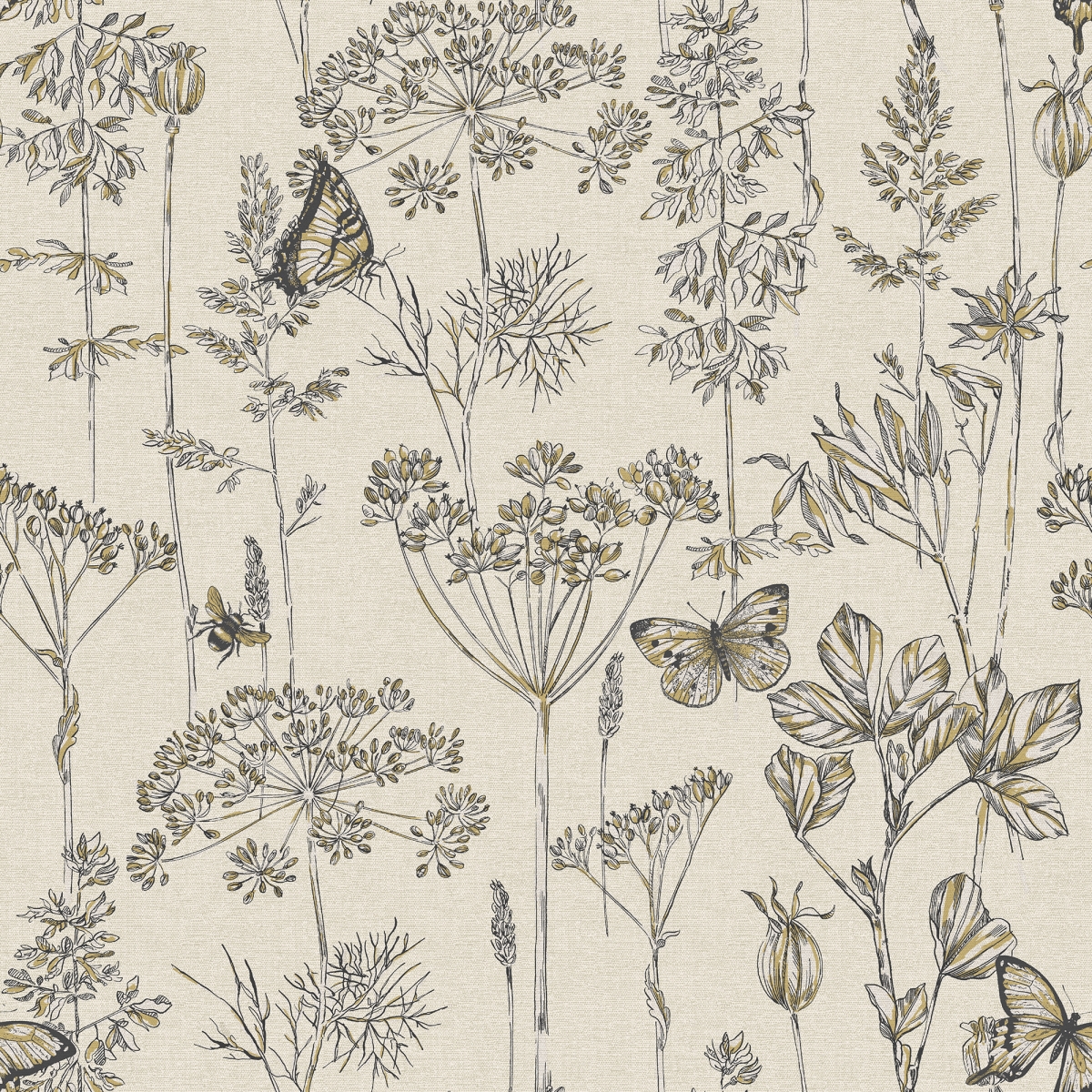 904105 Meadow Floral Non-woven Wallpaper, Charcoal & Ochre