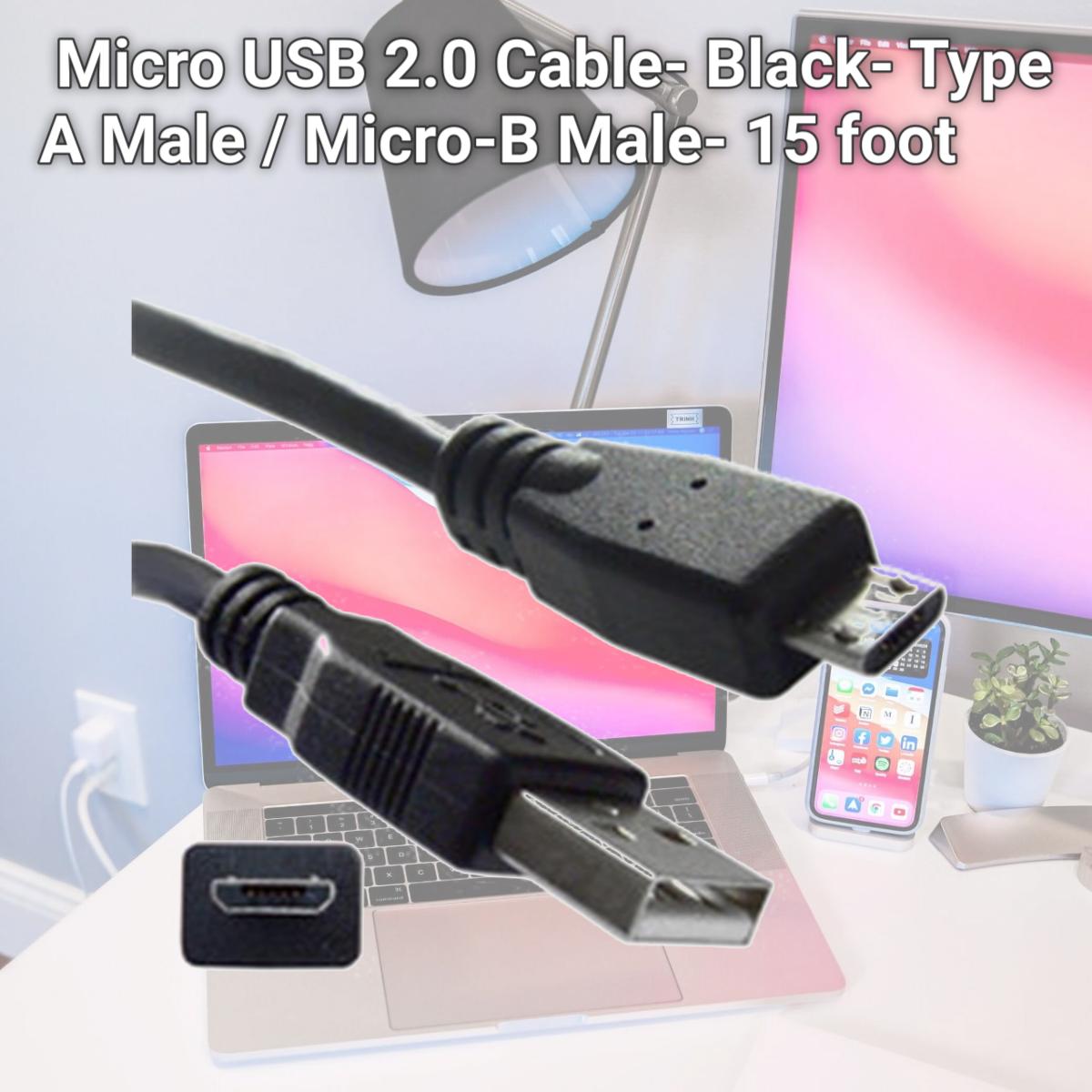 Picture of Cable Wholesale Micro USB 2.0 Cable- Black- Type A Male / Micro-B Male- 15 foot