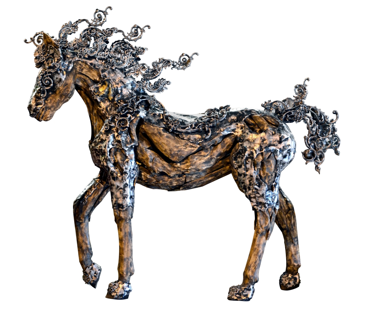 12006297 Wooden Newtroya Aluminum Horse, Natural & Silver - 79 X 81 X 24 In.