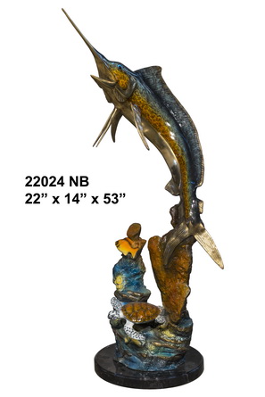 12006436 Swordfish & Turtle On Marlble Base Special Patina Sculpture - Bronze - Multi Color