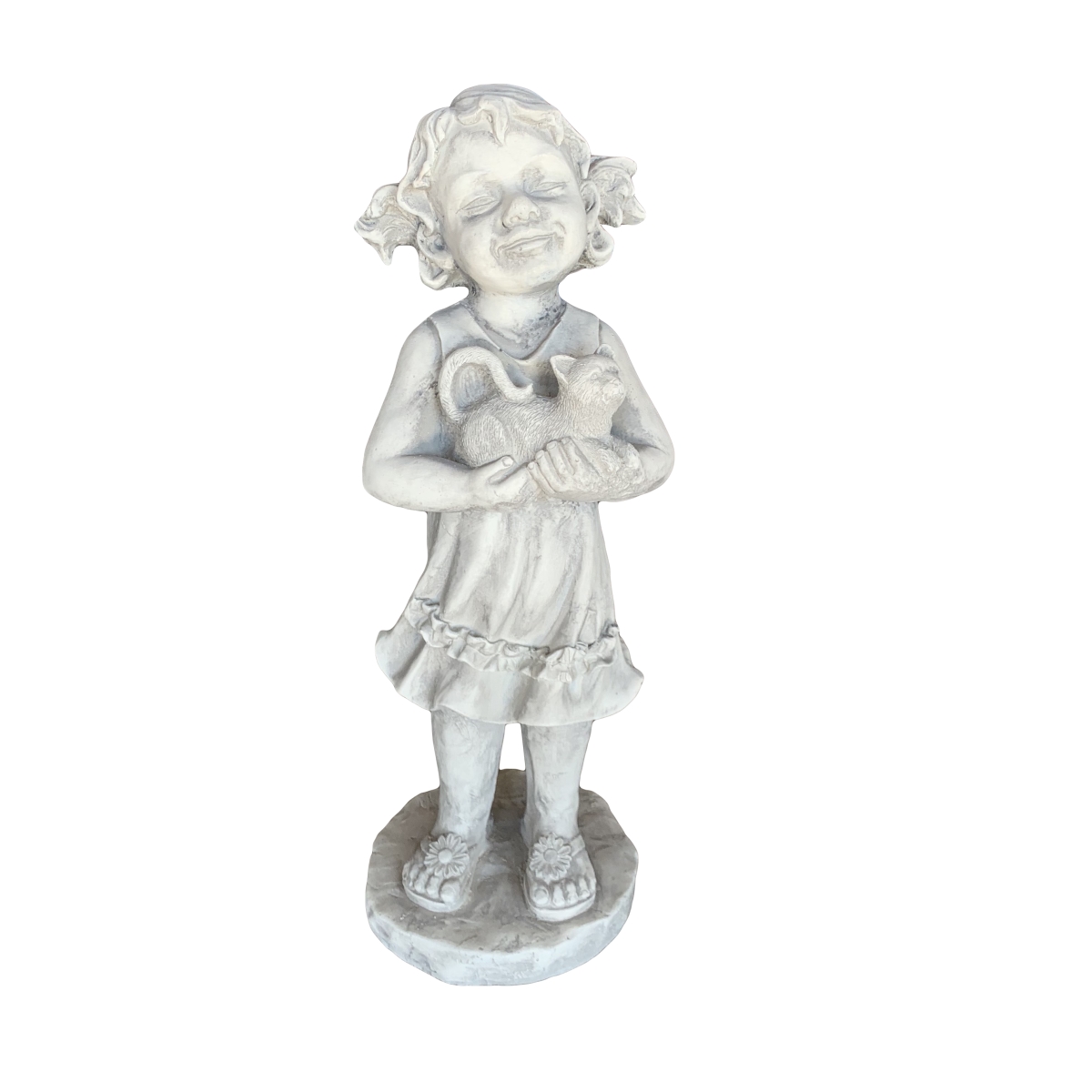 12012792 Fiber Clay Kc Little Girl With Cat, Antique Gray