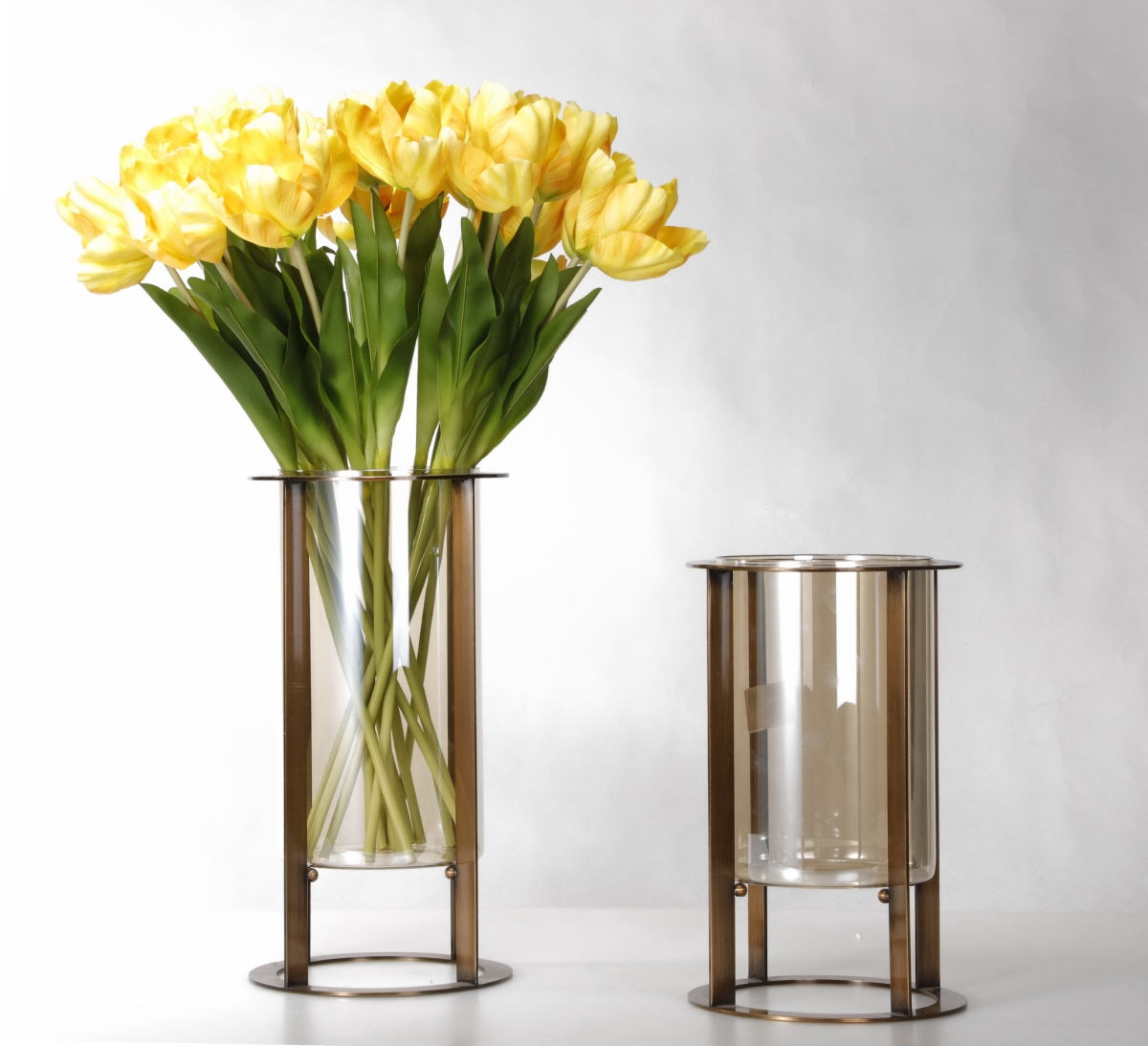 12014767 Metal & Glass Floor Vases, Gold - Set Of 2