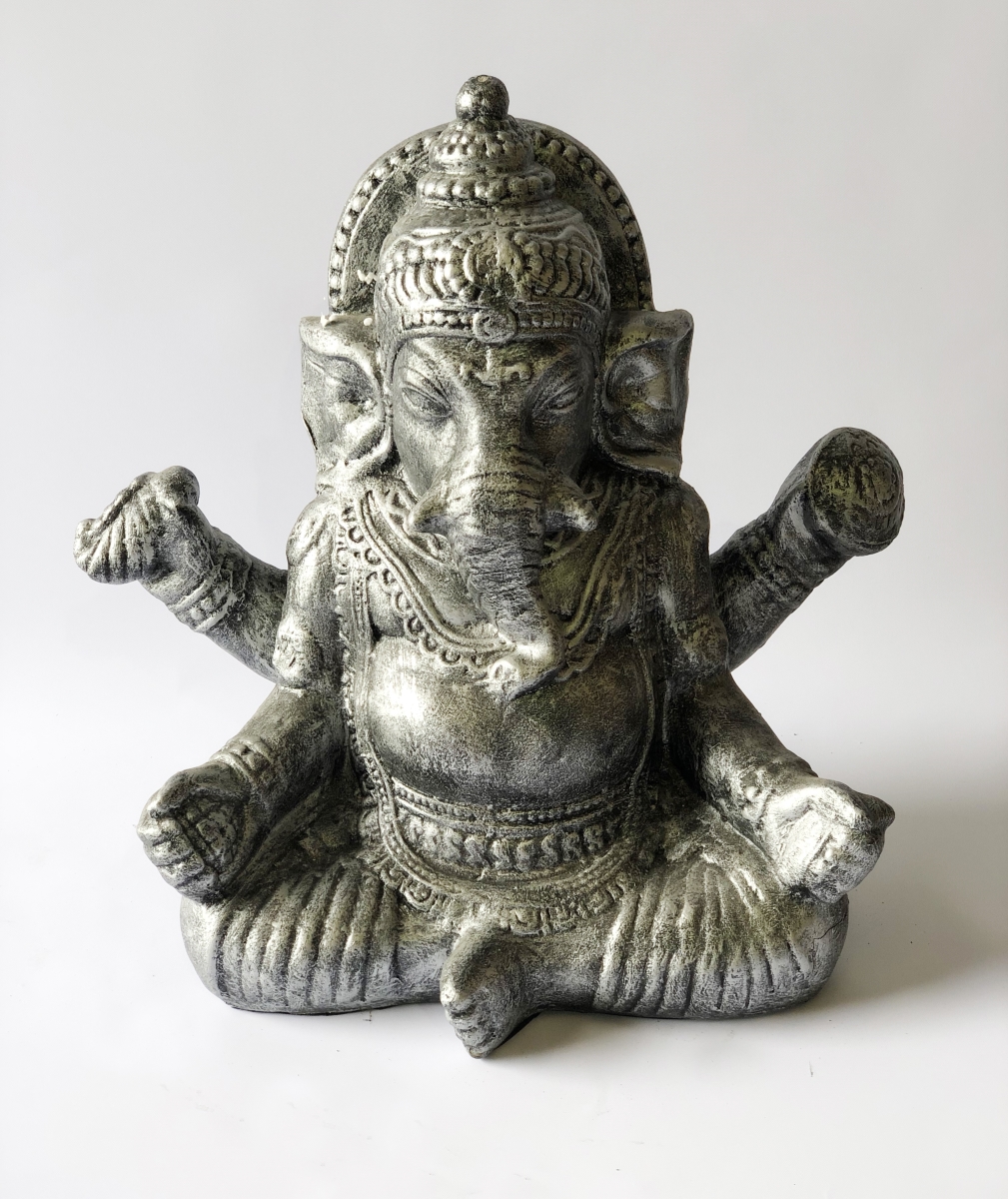 12015825 Fiberglass Reinforced Cast Stone Small Ganesh Sculpture, Silver Wash