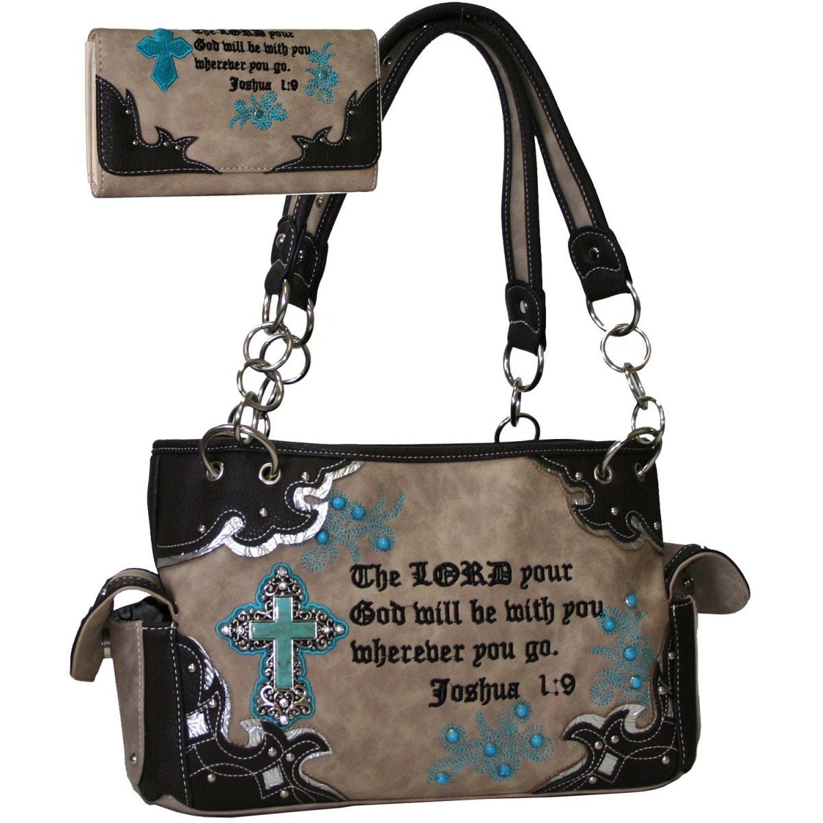 B500set-bg Western Concealed Carry Bible Verse Handbag Wallet Set With Brown Trim - Beige
