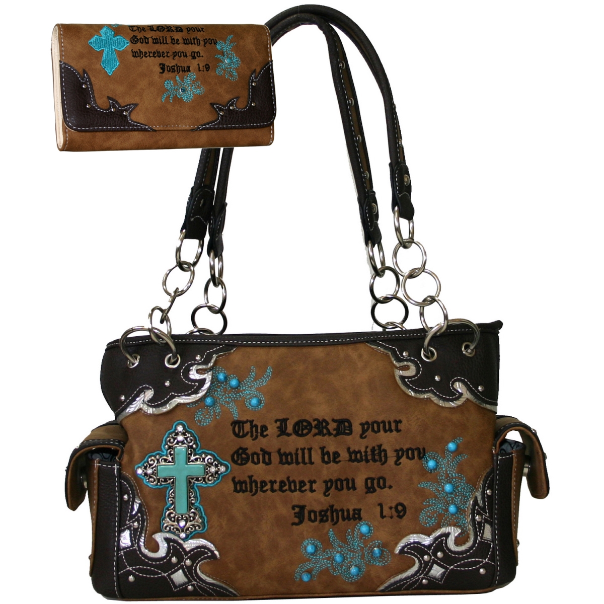 B500set-tan Western Concealed Carry Bible Verse Handbag Wallet Set With Dark Brown Trim - Tan