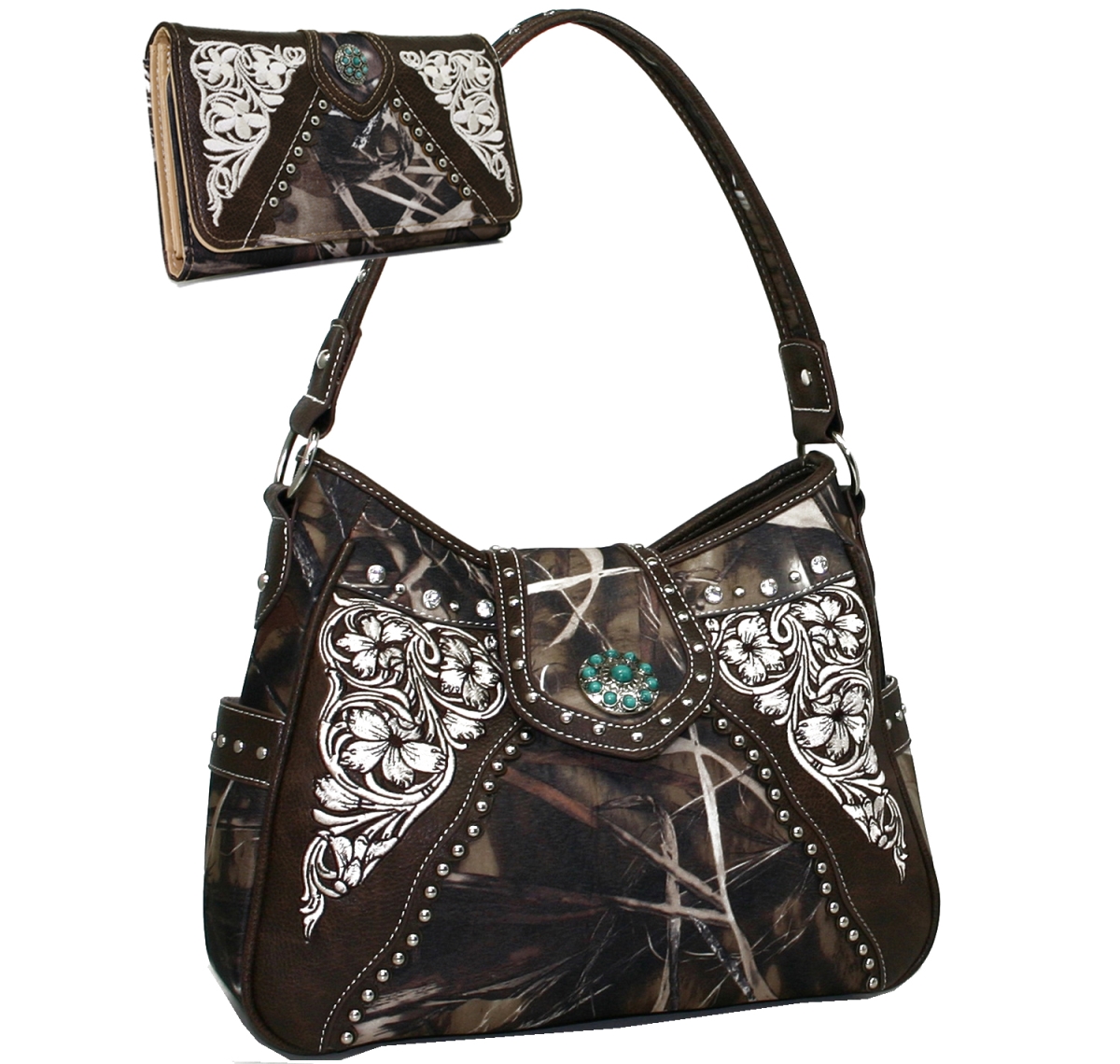 Bt923set-cam Western Turquoise Concho Accented Handbag Purse With Matching Wallet - Cam
