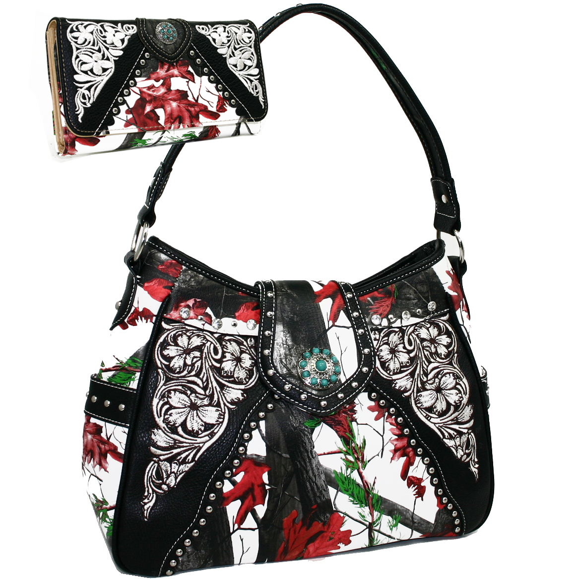 Bt923set-rd - Mul Western Turquoise Concho Accented Handbag Purse With Matching Wallet - Red & Multi Color