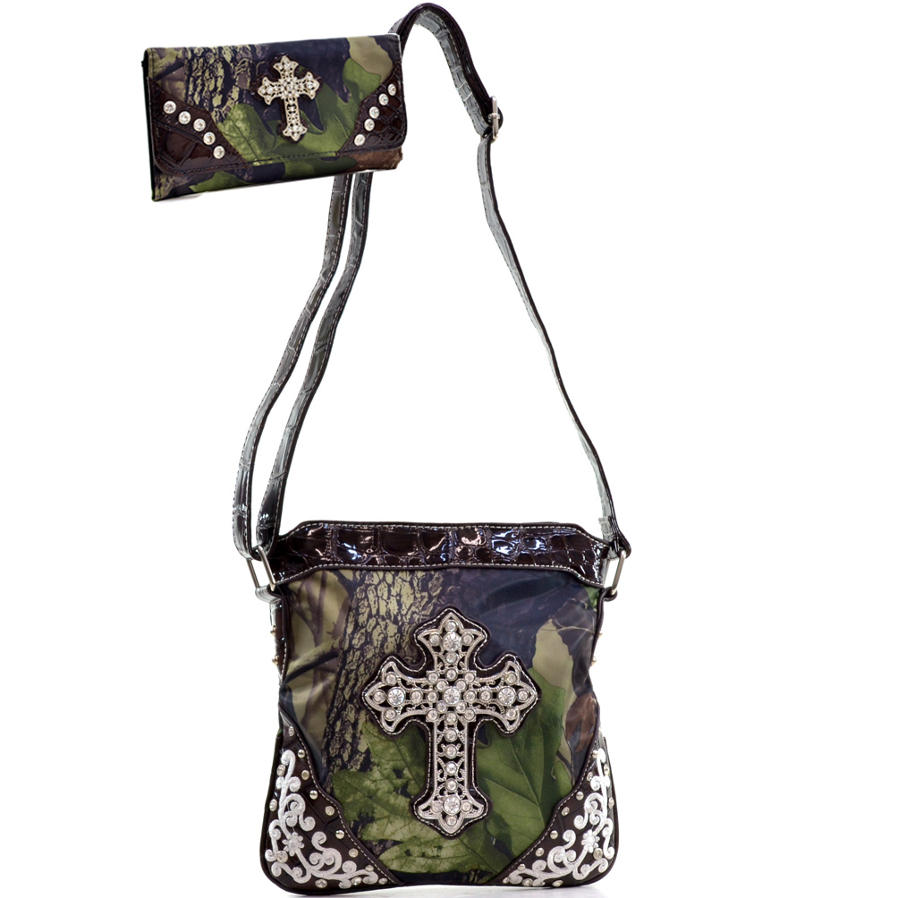 Mg21wc106set-gn - Cam Rhinestone Cross Embroidery Messenger Bag With Matching Wallet - Green & Cam