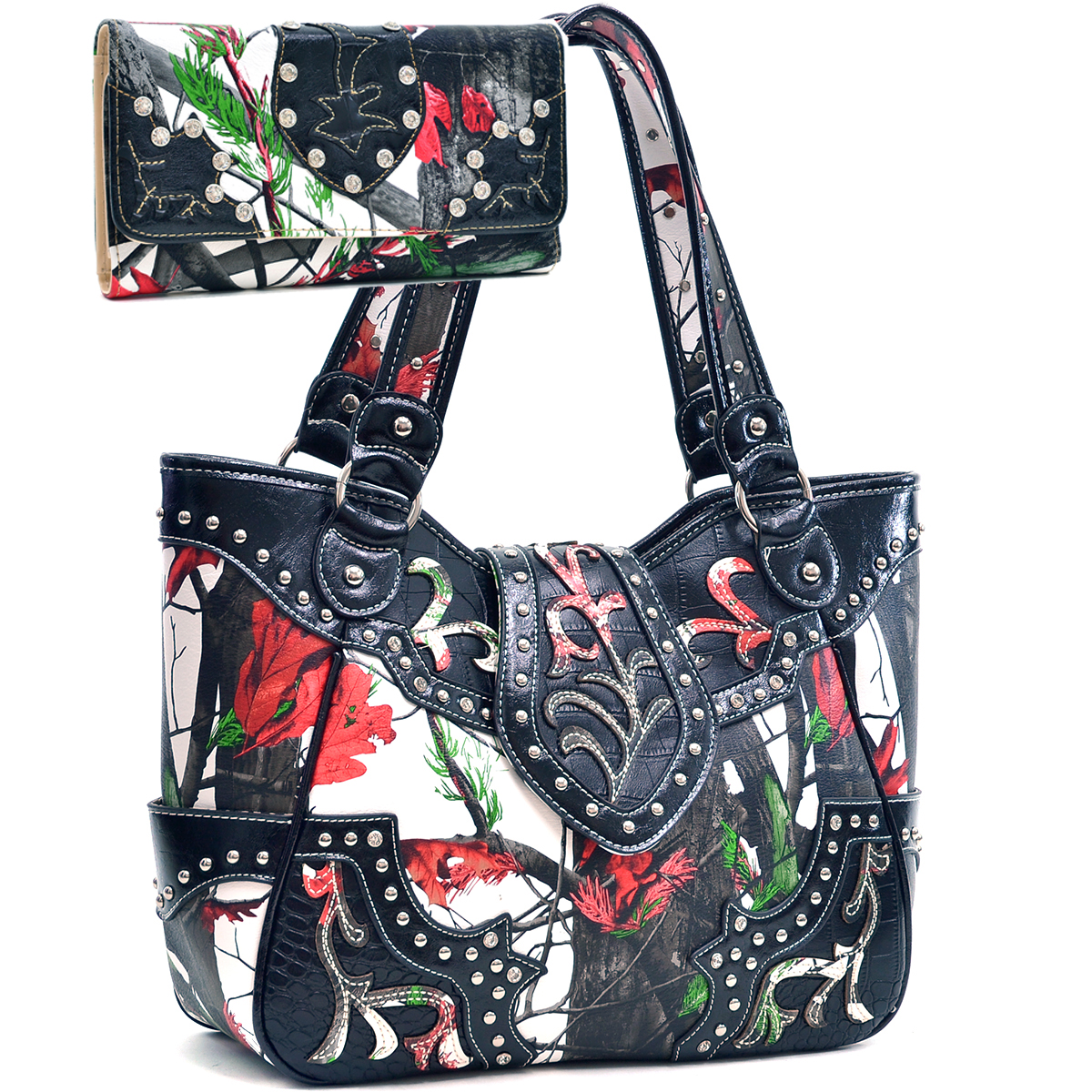 Bt945wb45set-rd & Cam Western Rhinestone Bling Shoulder Bag With Matching Wallet - Red & Camouflage