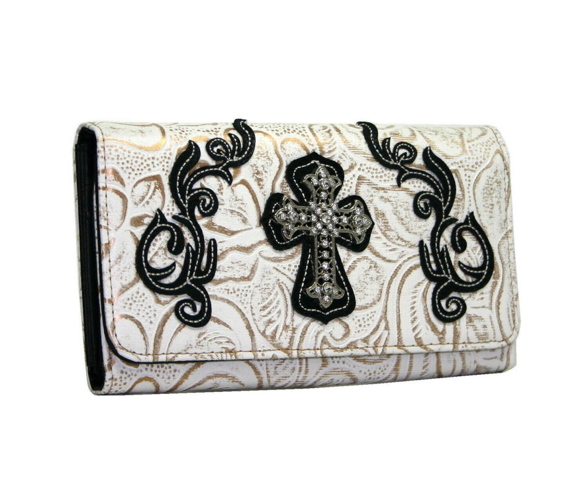 WC99-WT-BK Western Rhinestone Bling Cross Trifold Wallet - White & Black Trim