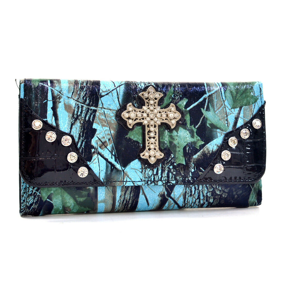W105-BLU-CAM 7.5 x 4.5 in. Western Camouflage Rhinestone Cross Wallet, Blue & Cam