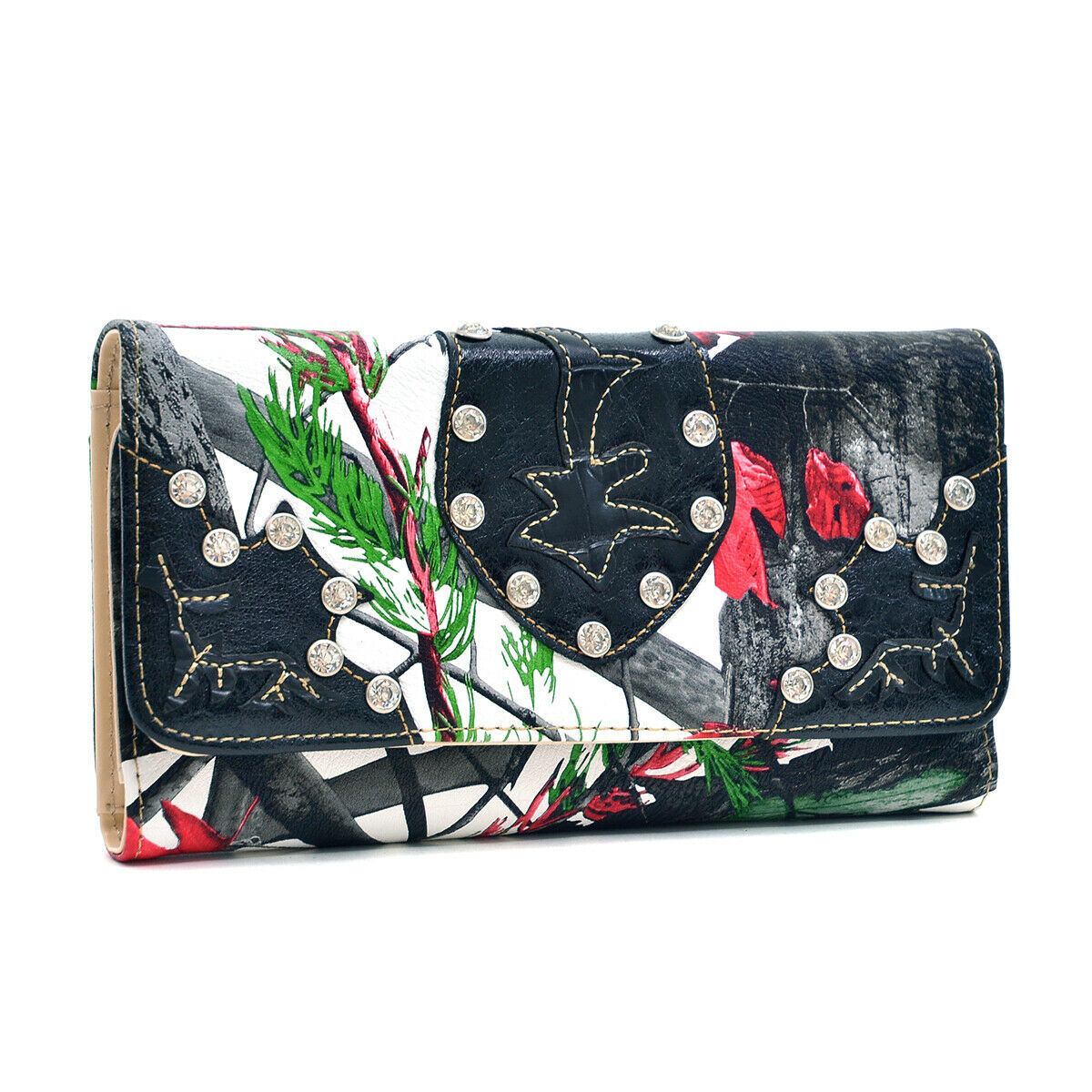 WB145-RD-CAM 7.5 x 4.5 in. Western Rhinestone Bling Leaf Designed Wallet, Red & Cam