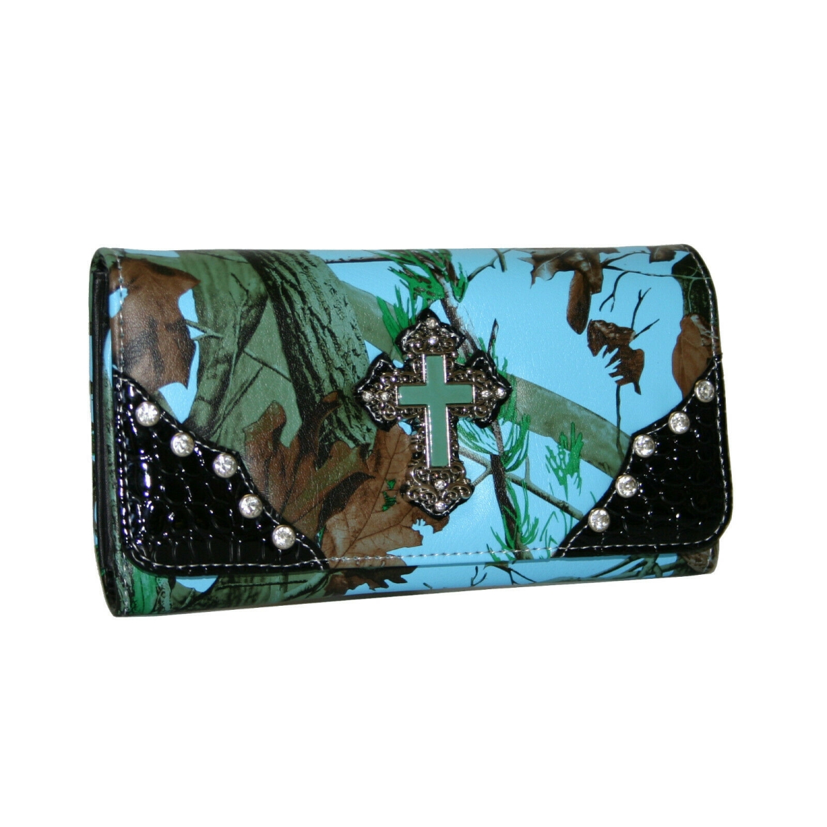 WC61-BLU-CAM 7.5 x 4.5 in. Western Camouflage Rhinestone Cross Wallet, Blue & Cam