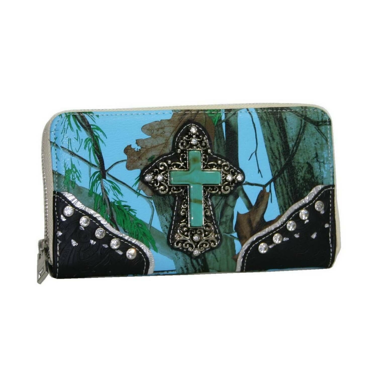 WC677-BLU-CAM Western Zip Around Rhinestone Cross Wallet, Blue & Cam