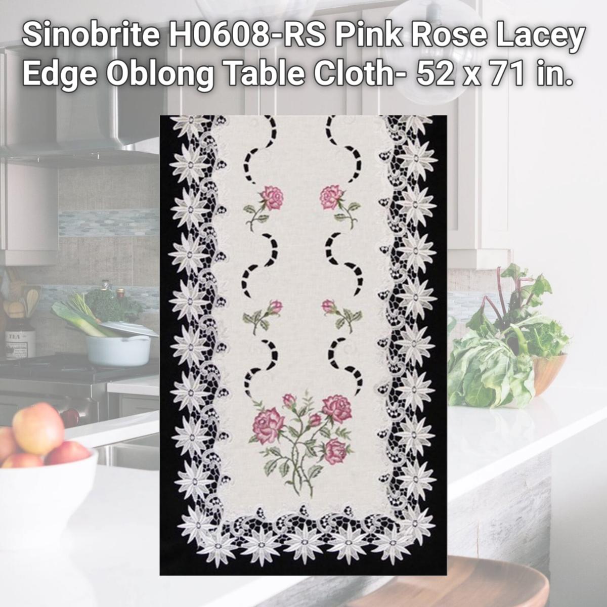 Picture of Sinobrite H0608-RS Pink Rose Lacey Edge Oblong Table Cloth- 52 x 71 in.