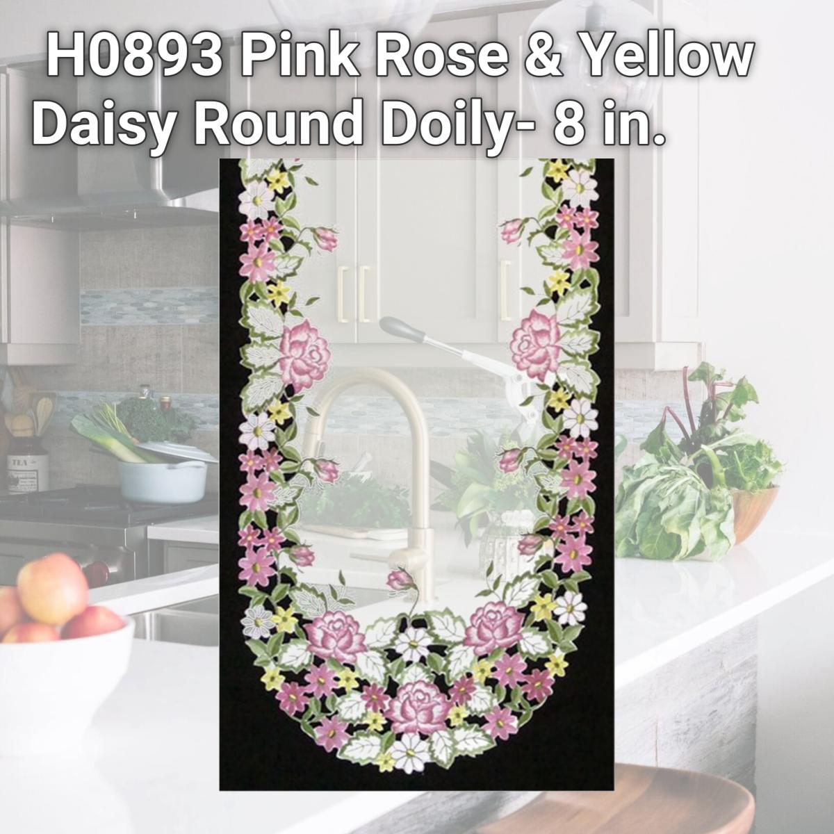 Picture of Sinobrite H0893 Pink Rose & Yellow Daisy Round Doily- 8 in.