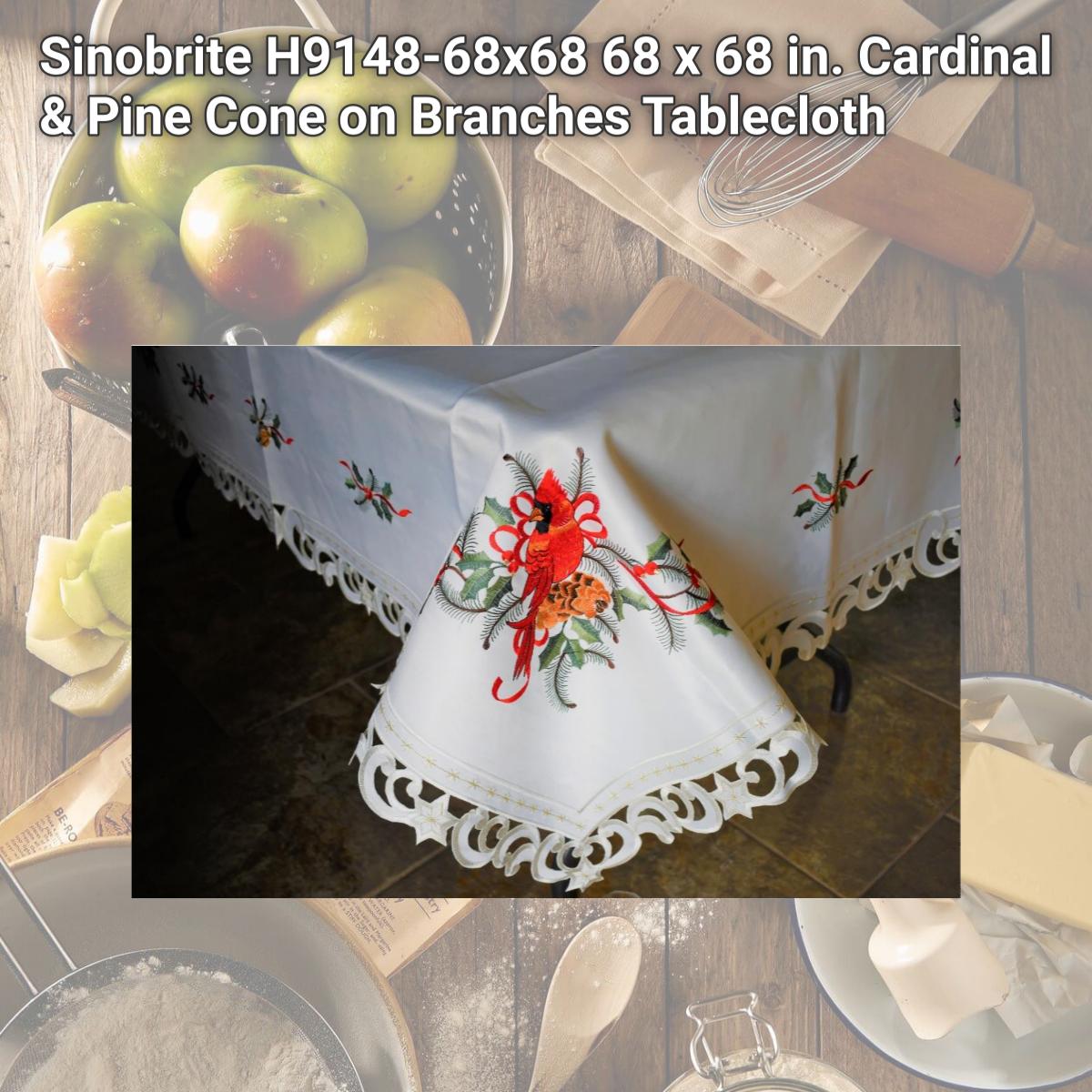 Picture of Sinobrite H9148-68x68 68 x 68 in. Cardinal & Pine Cone on Branches Tablecloth