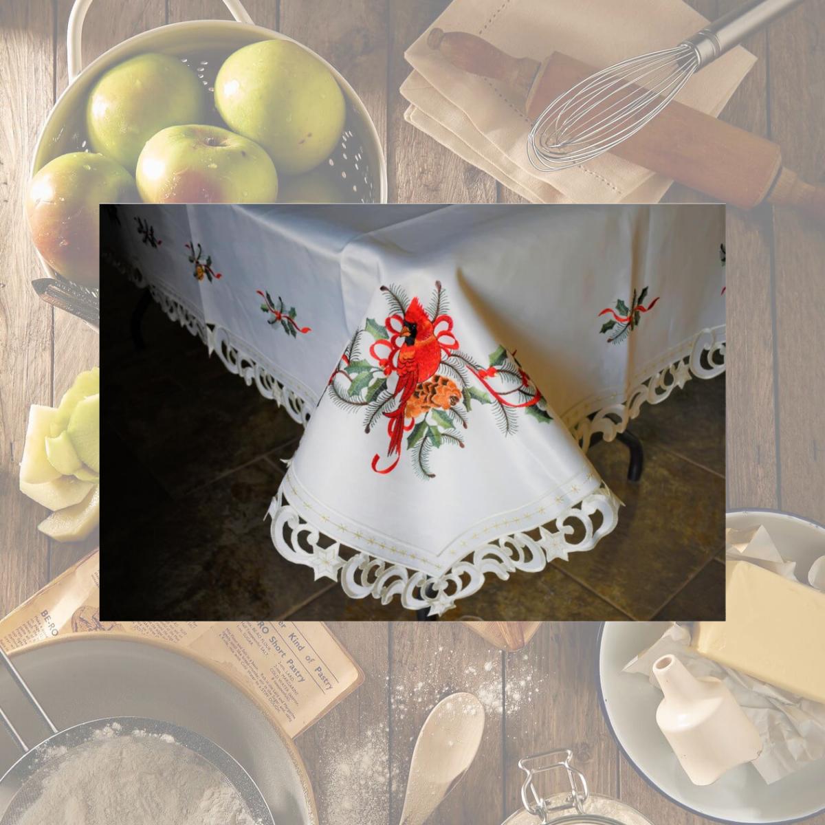 Picture of Sinobrite H9148-68x68 68 x 68 in. Cardinal & Pine Cone on Branches Tablecloth