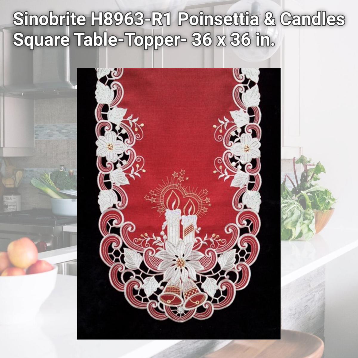 Picture of Sinobrite H8963-R1 Poinsettia & Candles Square Table-Topper- 36 x 36 in.