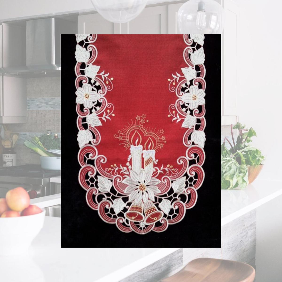 Picture of Sinobrite H8963-R1 Poinsettia & Candles Square Table-Topper- 36 x 36 in.