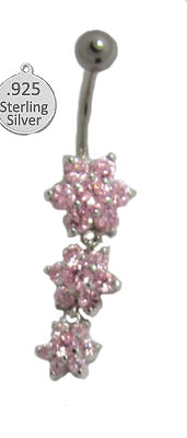 BJ062PK 925 Pink Sterling Silver Flowers in Czs Belly Ring