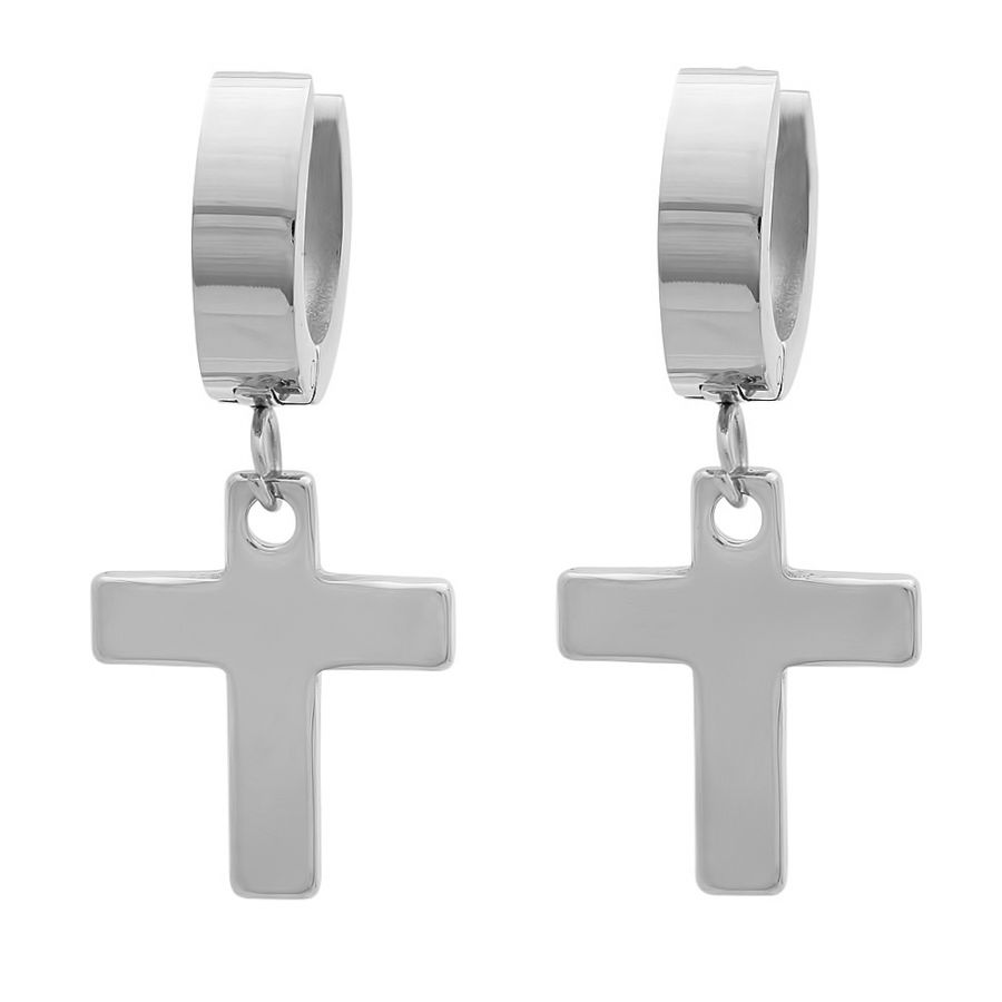 661.087.E Ladies Stainless Steel Huggie Earrings with Hanging Crosses