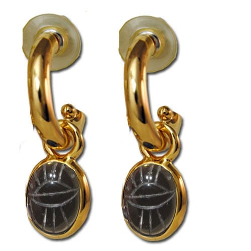 9967blk Black Onyx Stunning Scarab & Gold Plated Hoop Drop Earrings