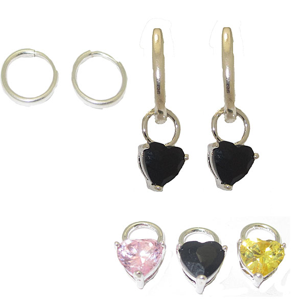 Ase013-621215 Sm 3 Pair Cubic Zirconia Heart Charms & Hoops