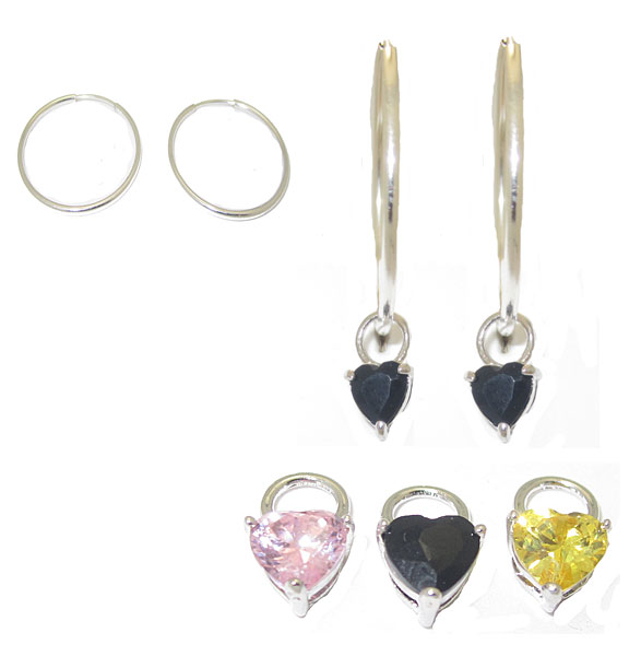 Ase013-621919 Lg 3 Pair Cubic Zirconia Heart Charms With Hoop Earring