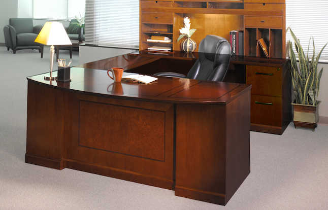 Sorrento Executive Bow Front & Right Bridge U-shaped Desk, Pencil-box-file & File-file Pedestals - Bourbon Cherry - 29.5 X 72 X 111 In.
